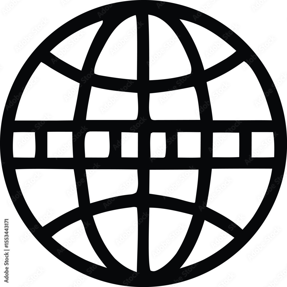Poster stylized black and white globe icon with horizontal lines and segmented equator representing global 