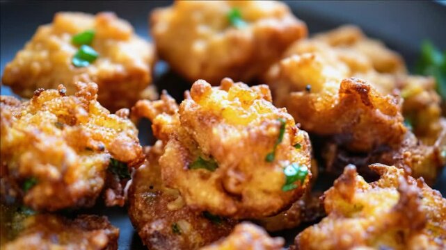 A delicious appetizer featuring fried, flavorful meatballs with a crispy exterior and a textured interior. Often associated with southern cuisine, hush puppies are seasoned with herbs and spices.