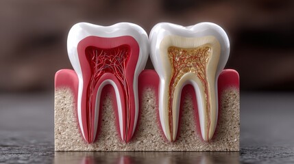 Cross-section model of two molar teeth showing enamel, dentin, pulp, nerves, and blood vessels within the gums and jawbone.