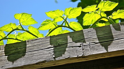 Overgrown tomato vines creating a tangled network through damaged stage materials, with vibrant leaves contrasting cracked wood