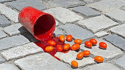 Overflowing tomato bucket causing bright red splash on old cobblestone surface, vivid juice pooling in stone crevices