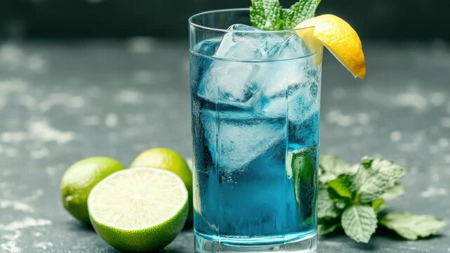 Icy blue cocktail with frosty rim, lime and mint garnish, served in a clear glass on a dark table.