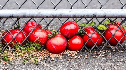 Mesh fencing covered in scattered seeds and delicate tomato skins from a recent impact, wet juice stains visible