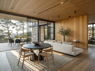 Fototapeta premium Contemporary Japandi-style dining and living room with wood paneling, black round dining table, neutral furniture, floor-to-ceiling windows, and serene forest view