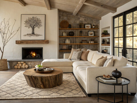 Modern rustic living room with cream sectional sofa, wooden coffee table, cozy fireplace, textured rug, natural decor, framed art, and large black-framed windows