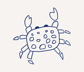 Whimsical hand drawn line art of crab featuring distinct spots and claws, playful design. The crab appears poised, reflecting a lighthearted sea theme. Vector outline illustration