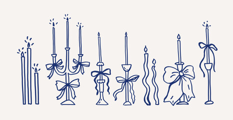 Collection of whimsical hand drawn line art candles with bows. Soft candlelight in various styles. Vector outline illustration