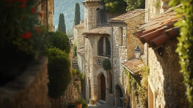 A historic city street with a clock tower visible in the distance, perfect for urban or old town scenes