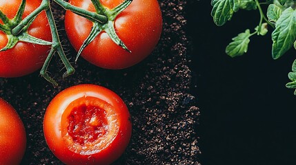 Macro view of gritty environment showing boot sole imprint squashing ripe tomato, bright red pulp contrasting with earthy ground
