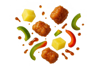 Sweet and sour chicken with pineapple and bell pepper, isolated on transparent.