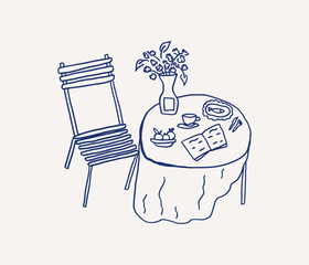 Whimsical hand drawn line art wedding dinner table settings with tablecloth, a floral vase, dessert, a cup, and a menu. A leaning chair sits beside the table. Vector outline illustration