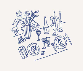 Whimsical hand drawn line art dinner table settings with vase with flowers, candles, wine, and plates. Wedding celebration. Vector outline illustration