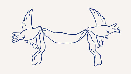Whimsical hand drawn line art two pigeons holding a long banner with their beaks. Wedding decor for invitation card template. Vector outline illustration