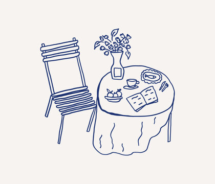 Whimsical hand drawn line art wedding dinner table settings with  tablecloth, a floral vase, dessert, a cup, and a menu. A leaning chair sits beside the table. Vector outline illustration
