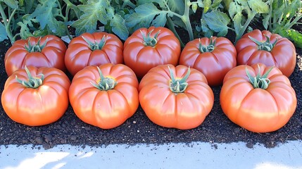 High angle photo of bright red tomatoes arranged on soil creating a clear and detailed country silhouette from above