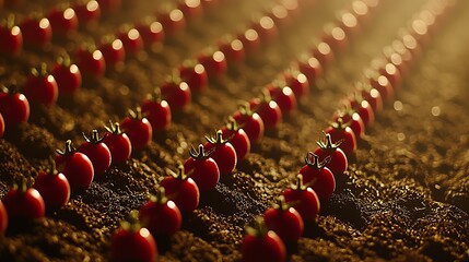 High angle photo of bright red tomatoes arranged on soil creating a clear and detailed country silhouette from above