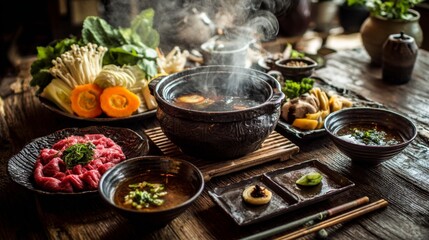 Fototapeta premium A cozy setting featuring a steaming sukiyaki pot in the center, surrounded by bowls of dipping sauce and fresh ingredients, emphasizing a warm Japanese dining experience.