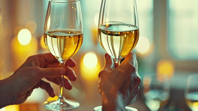 Defocused hands clinking glasses toasting to the bond of and shared memories.