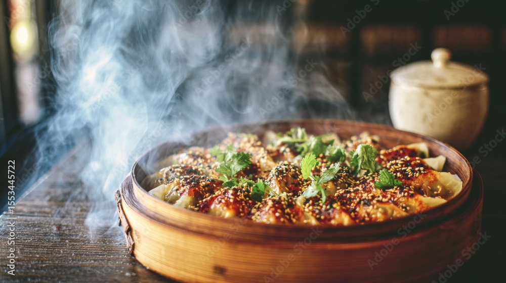 Poster a cozy setting showcasing gyoza served on a bamboo steamer, garnished with sesame seeds and cilantro