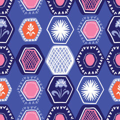 Colorful hexagonal tiles seamless pattern, geometric elements and flowers, hand drawn vector background