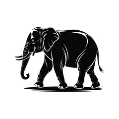 Obraz premium Black elephant silhouette walking to the left with tusks and trunk on white background animal
