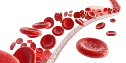 Close up of red blood cells flowing through a vein with a textured inner wall isolated on a transparent background