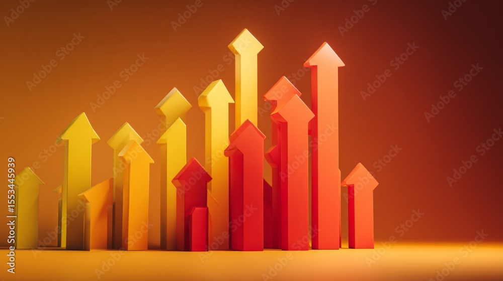 Poster a creative d bar graph design featuring bars shaped like arrows, pointing upward against a gradient 