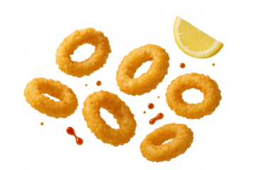 Golden fried calamari rings isolated on a transparent background, crispy delight