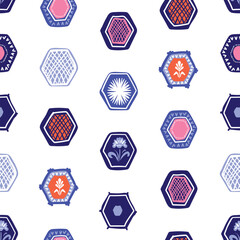 Seamless vector pattern displaying hexagons, featuring floral designs and geometric shapes, hexagonal background