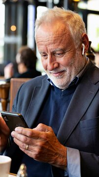 Senior man in emotional video call, subtly wiping away a tear while smiling at his phone in a cozy caf&eacute; atmosphere. Generative AI