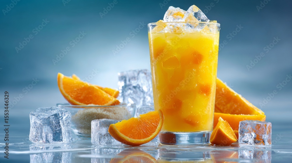 Poster a creative presentation of a glass of orange juice with ice cubes, surrounded by slices of oranges a