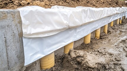 Low concrete retaining wall with yellow pipes, covered in white sheeting, in mud