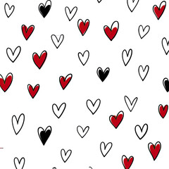 Scattered red, white, and black hearts on a black background