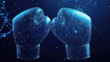 Digital boxing gloves collide against a dark background, illuminated by neon blue