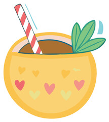 A cheerful yellow cartoon cocktail garnished with green leaves and a red and white striped straw decorated with hearts