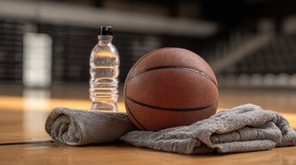 A creative shot of a basketball resting on the court next to a water bottle and towel, symbolizing hydration and preparation before a game