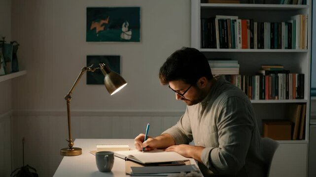 Man writing at desk in cozy home office, stack of books, lamp