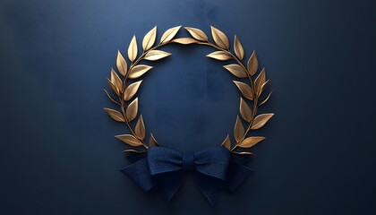 Elegant Gold Laurel Wreath with Blue Ribbon on Dark Background
