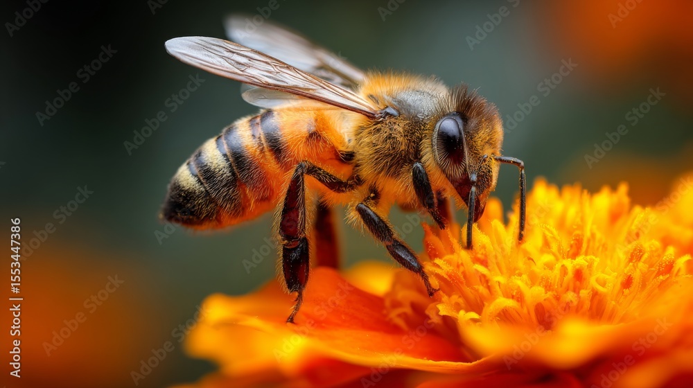 Poster a detailed image of a honeybee collecting nectar from a bright flower, with pollen visible on its le