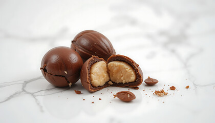 Obraz premium realistic, highly detailed, 8k, chocolate balls, hazelnuts, marble background, shiny, glossy, appetizing, food photography, 4K and HD image