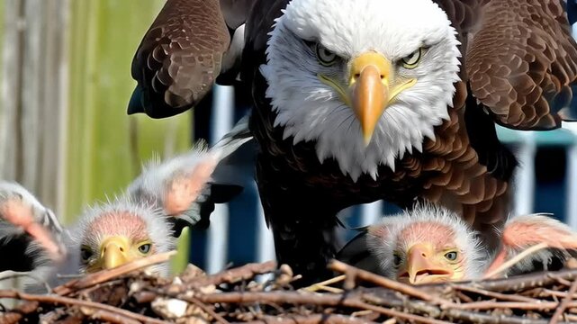 Eagle Protecting Babies: An eagle parent fiercely guards its young eaglets in a detailed, captivating close-up, showcasing the raw power and tenderness of nature's parenting instincts.