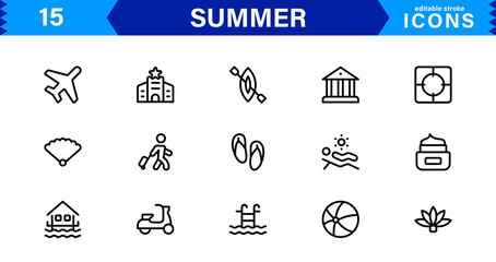 Summer Icon Set Featuring Beach, Sun, Vacation, Travel, and Fun Activities in a Fresh, Minimalist, and SEO-Friendly Vector Design
