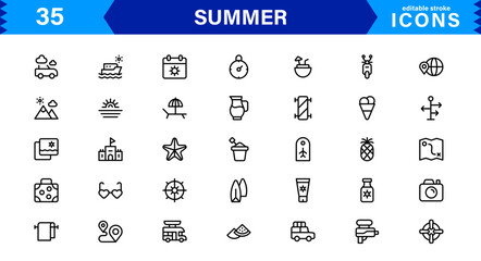 Summer Icon Set Featuring Beach, Sun, Vacation, Travel, and Fun Activities in a Fresh, Minimalist, and SEO-Friendly Vector Design