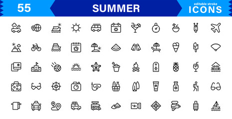 Summer Icon Set Featuring Beach, Sun, Vacation, Travel, and Fun Activities in a Fresh, Minimalist, and SEO-Friendly Vector Design
