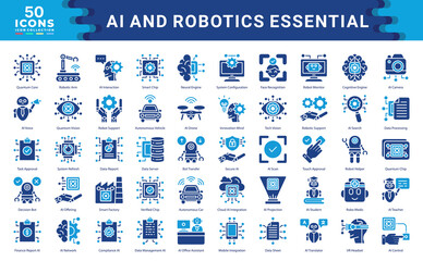 AI And Robotics Essential icon collection set. Simple color fill vector illustration.