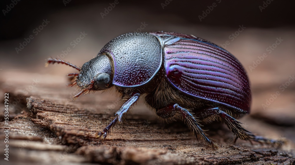 Aufkleber A detailed view of a beetle crawling on a tree bark, highlighting its shiny shell and the rough texture of the wood in the background