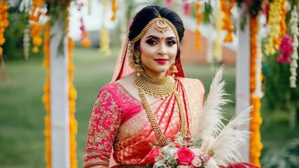 Indian bride in traditional red and gold attire holding bouquet, adorned with jewelry
