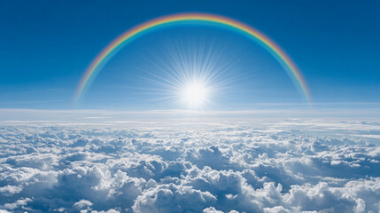 Vibrant rainbow arches over a sea of clouds with a bright sun shining in the clear blue sky