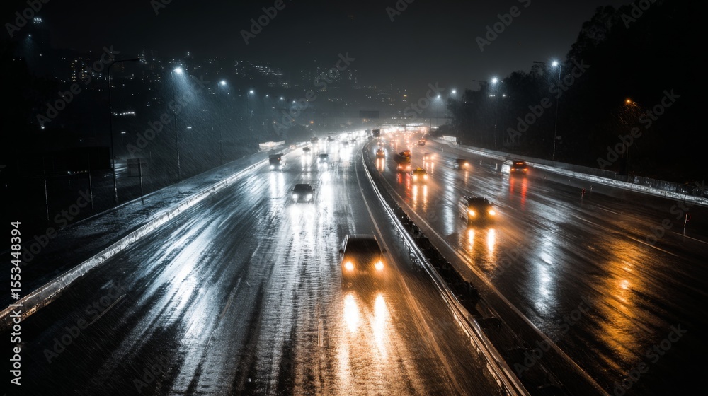 Poster a dramatic scene of a rain-soaked expressway with reflective road surfaces and headlights creating g