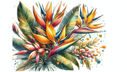 Design projects can be made vibrant with the use of tropical watercolor flowers and leaves, including exotic plants like heliconia and bird of paradise that bloom